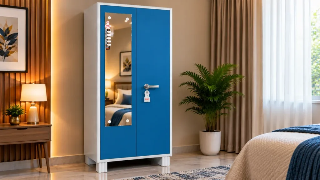 Blue metal cupboard with mirror by Tuba Furniture, Pune