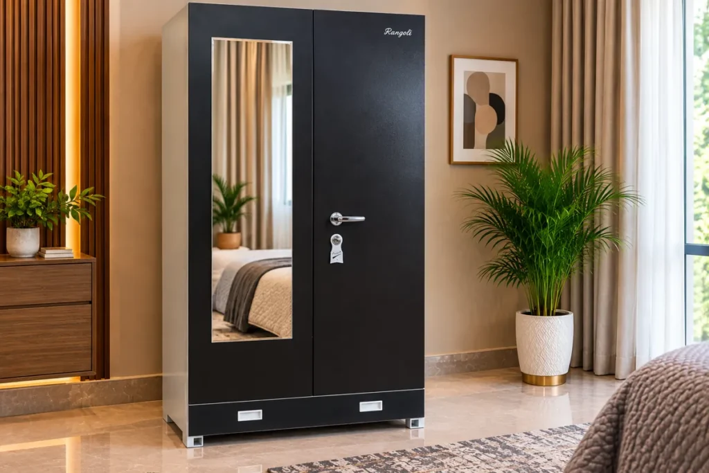 Charcoal metal cupboard with mirror by Tuba Furniture, Pune