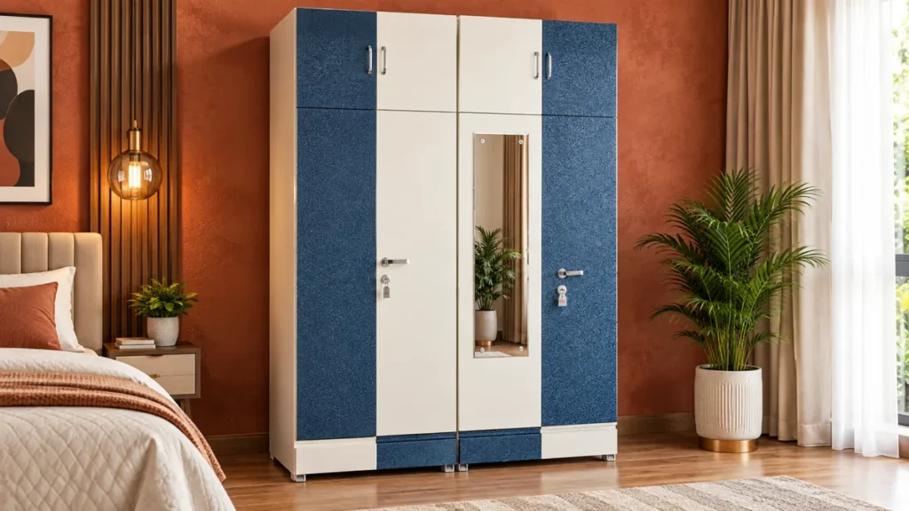 Blue and white metal cupboard for bedroom by Tuba Furniture, Pune