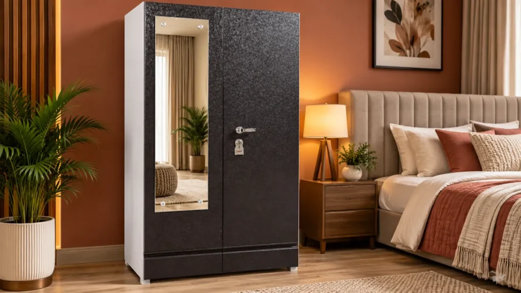 Terracotta metal cupboard with mirror by Tuba Furniture, Pune