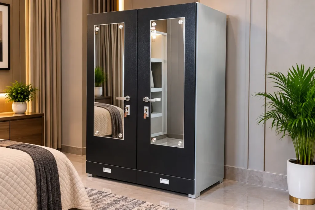 Grey metal cupboard with mirror by Tuba Furniture, Pune