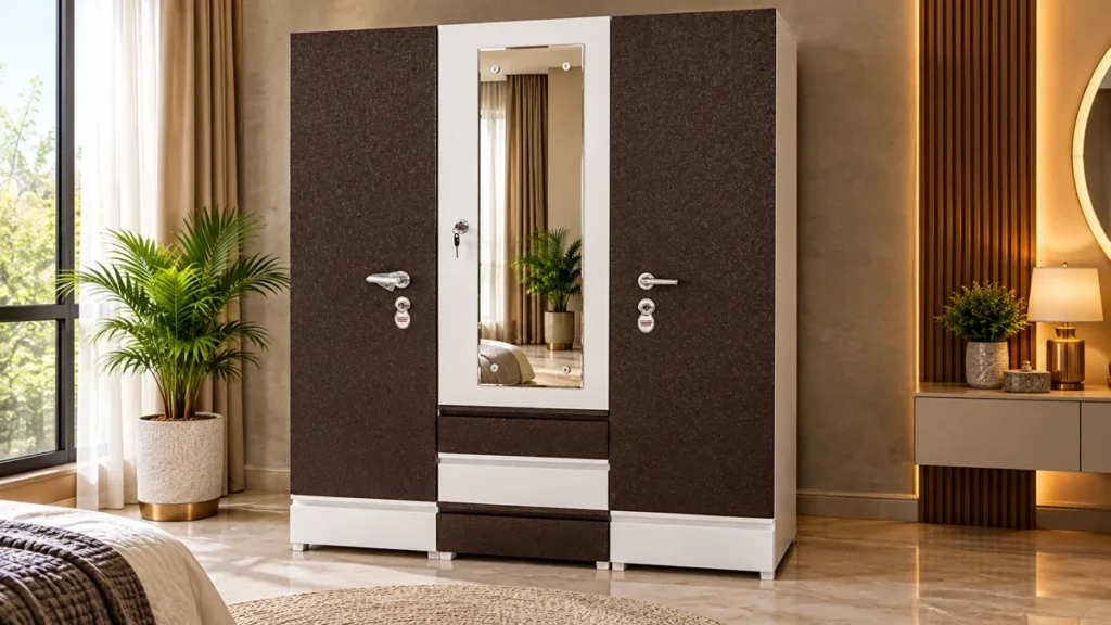 Modern metal cupboard in luxury bedroom by Tuba Furniture, Pune