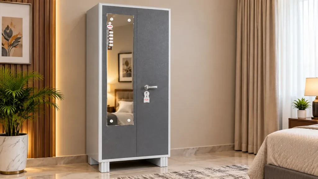 Grey metal cupboard with mirror panel by Tuba Furniture, Pune