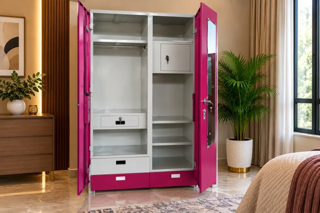 Magenta metal cupboard by Tuba Furniture, Pune