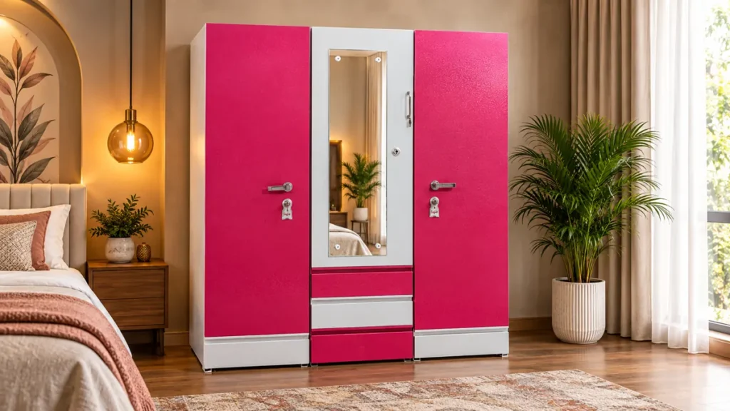 Pink and white metal cupboard by Tuba Furniture, Pune