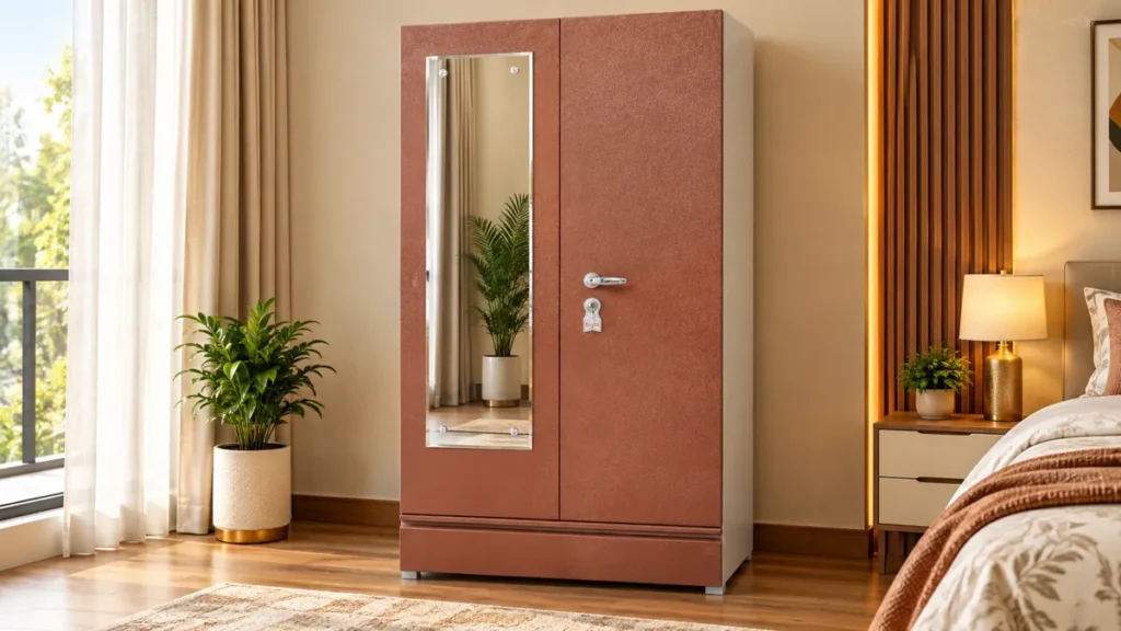 Terracotta metal cupboard for bedroom by Tuba Furniture, Pune