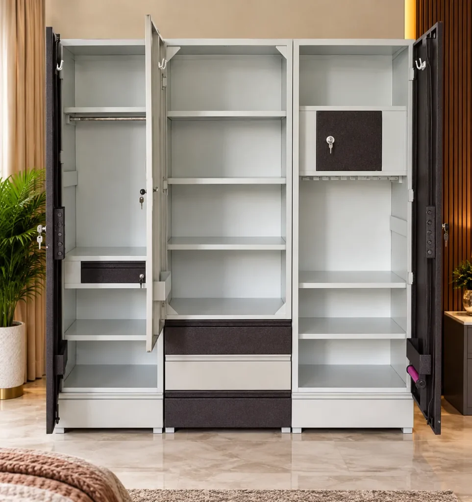 Open three-section metal cupboard by Tuba Furniture, Pune