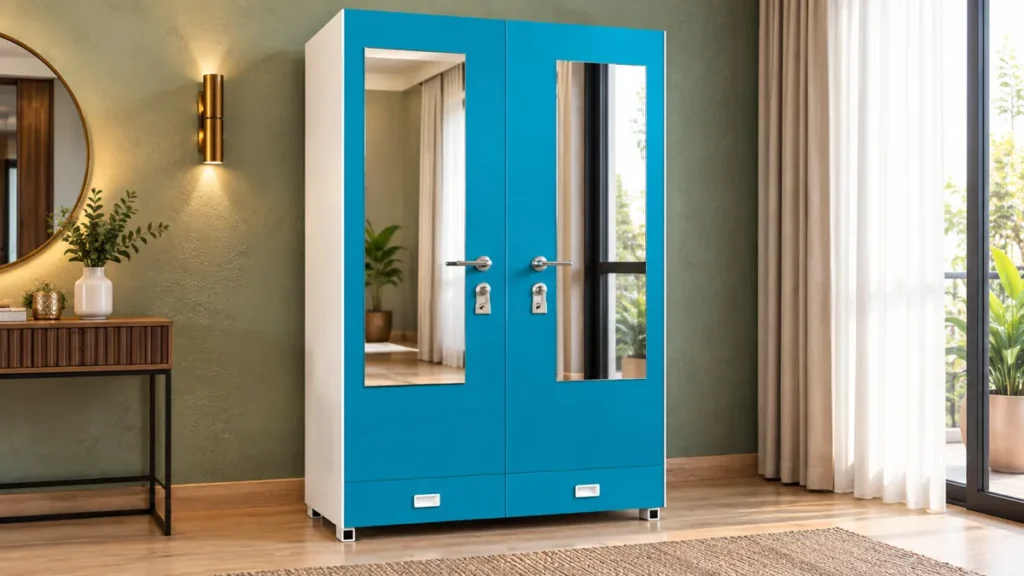 Teal metal cupboard with mirror by Tuba Furniture, Pune
