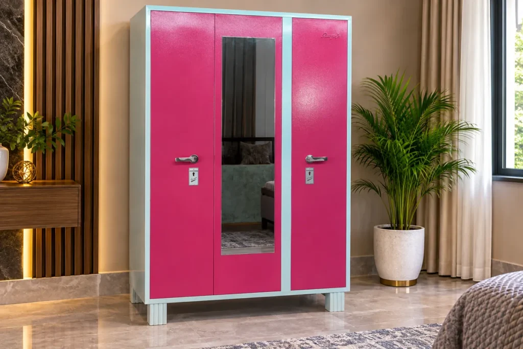 Vivid pink metal cupboard by Tuba Furniture, Pune