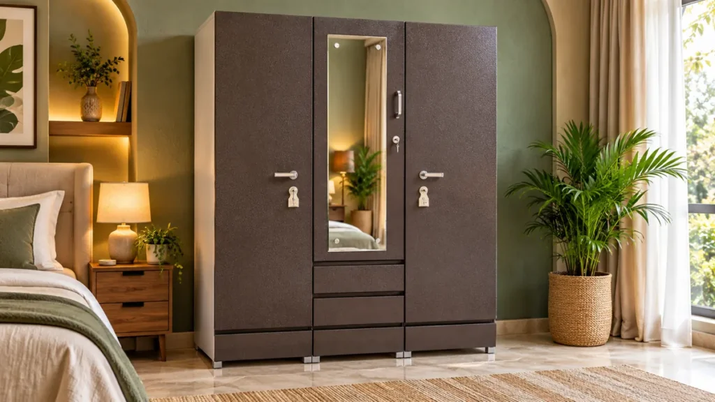 Warm modern metal cupboard for bedroom by Tuba Furniture, Pune