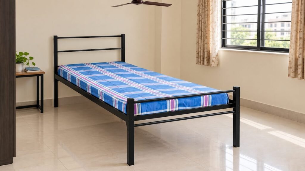 Metal single bed with mattress for PG by Tuba Furniture, Pune