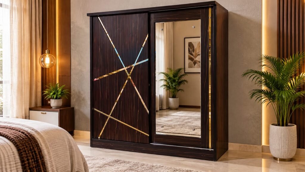 Mirrored wood wardrobe for bedroom by Tuba Furniture, Pune