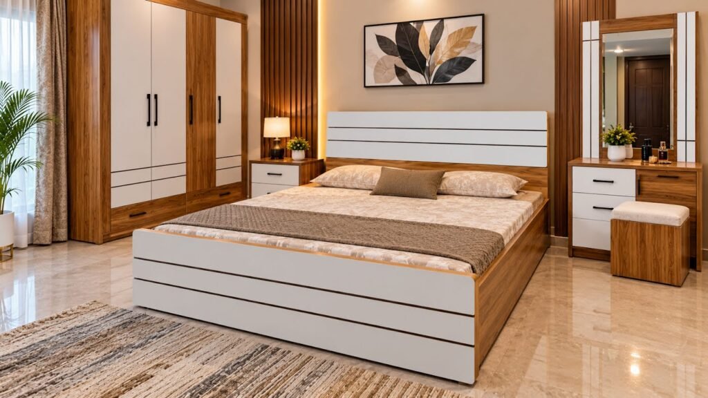 Modern bedroom set with double bed by Tuba Furniture, Pune