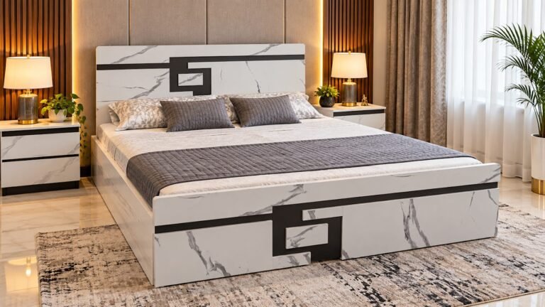 Modern double bed with marble finish by Tuba Furniture, Pune