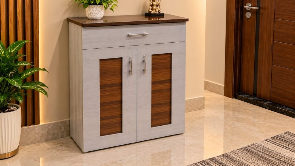Modern entryway shoe cabinet by Tuba Furniture, Pune