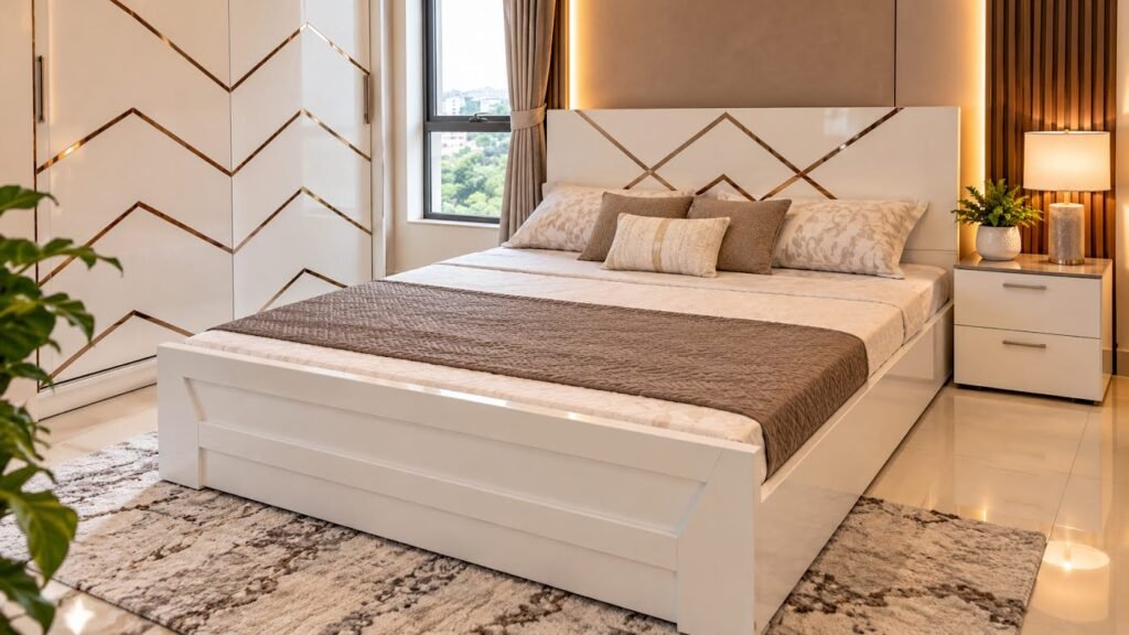 Modern geometric design double bed by Tuba Furniture, Pune