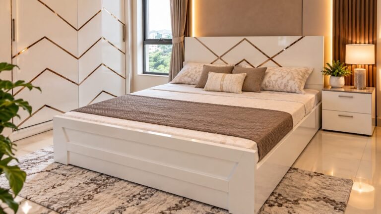 Modern geometric design double bed by Tuba Furniture, Pune
