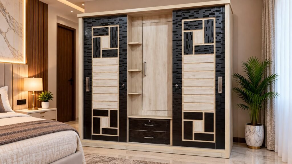 Modern geometric pattern wardrobe by Tuba Furniture, Pune