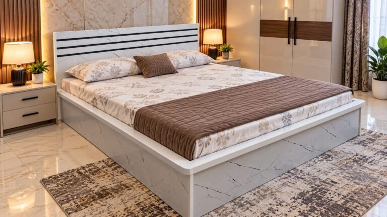 Modern marble finish double bed by Tuba Furniture, Pune