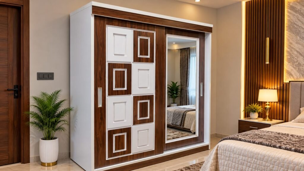 Modern walnut wardrobe for bedroom by Tuba Furniture, Pune