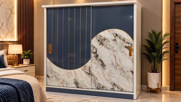 Navy and marble sliding wardrobe by Tuba Furniture, Pune