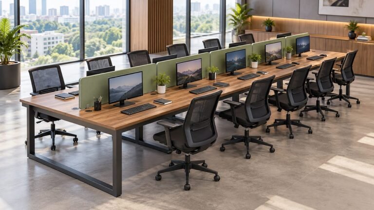 Office cabin with green partitions by Tuba Furniture, Pune