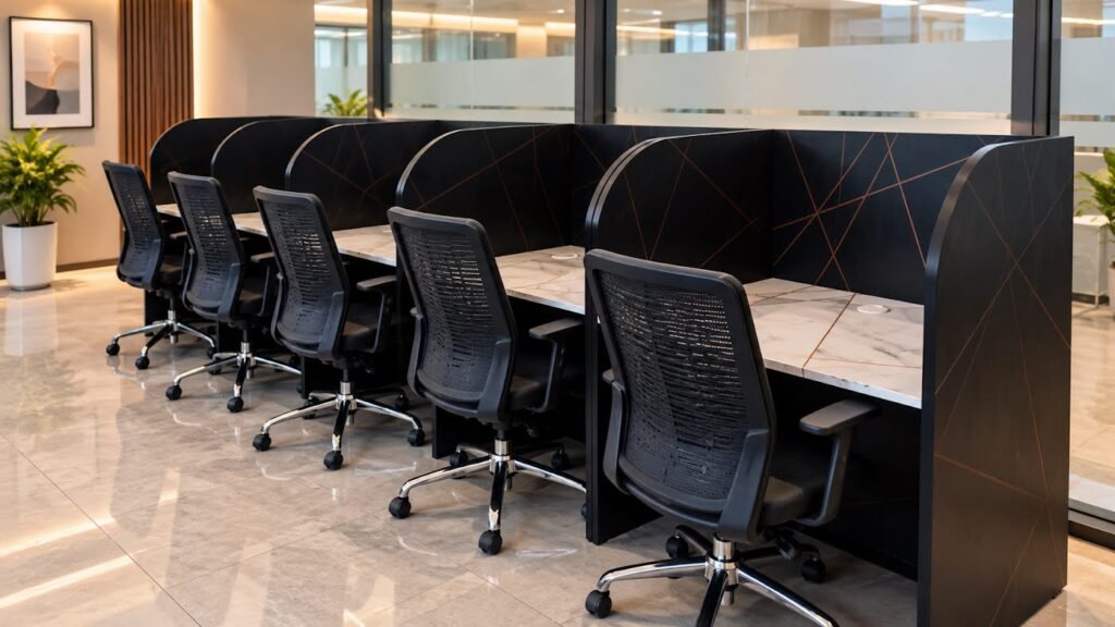 Office workstations with geometric panels by Tuba Furniture, Pune