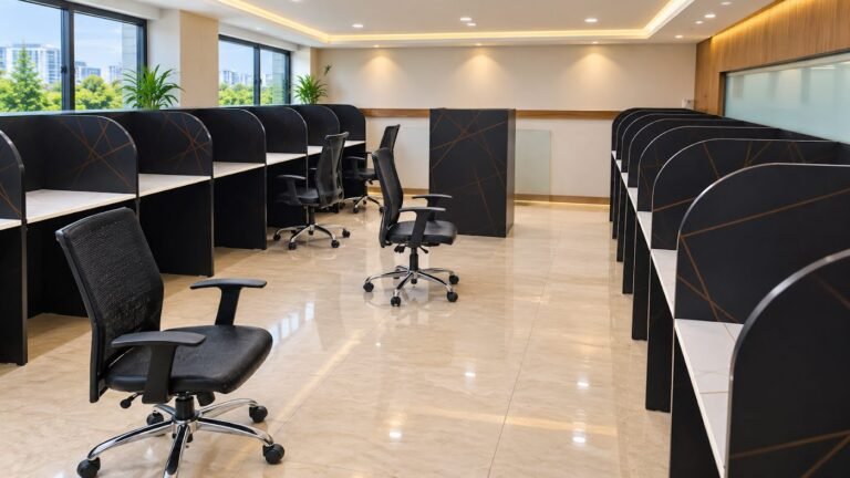 Office workstations with warm accents by Tuba Furniture, Pune