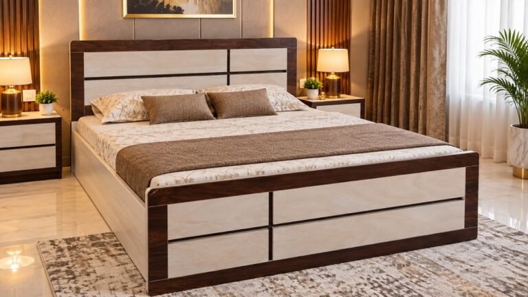 Panel double bed in walnut finish by Tuba Furniture, Pune