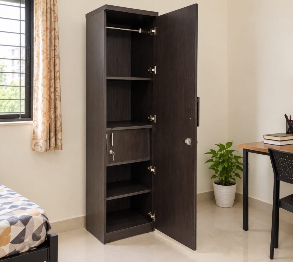 Wooden wardrobe with study table for PG room by Tuba Furniture, Pune