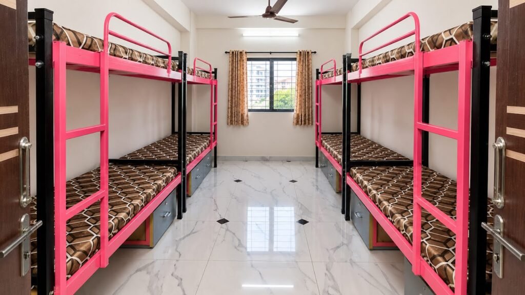 Pink bunk beds for hostel room by Tuba Furniture, Pune