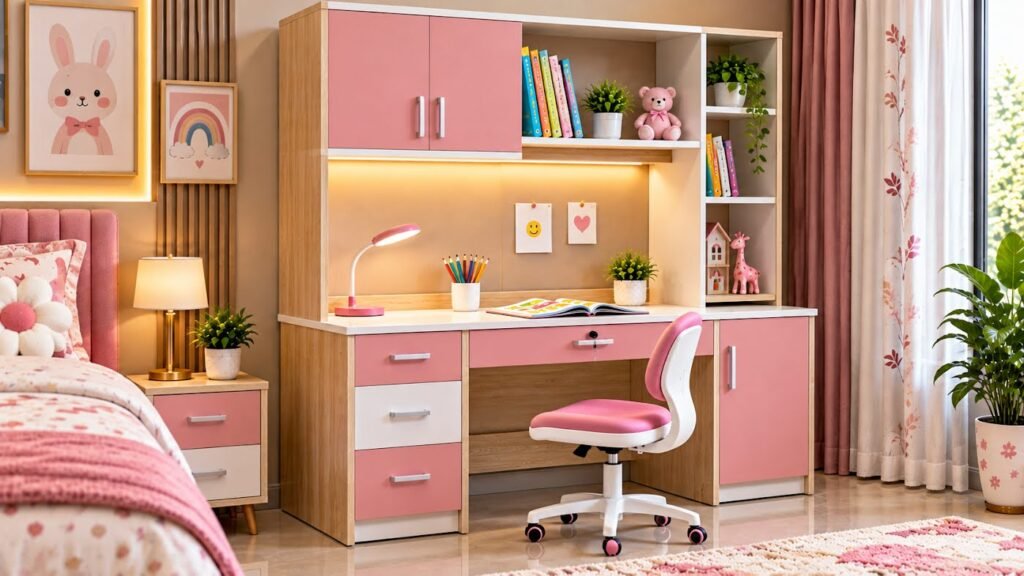 Pink kids study table by Tuba Furniture, Pune
