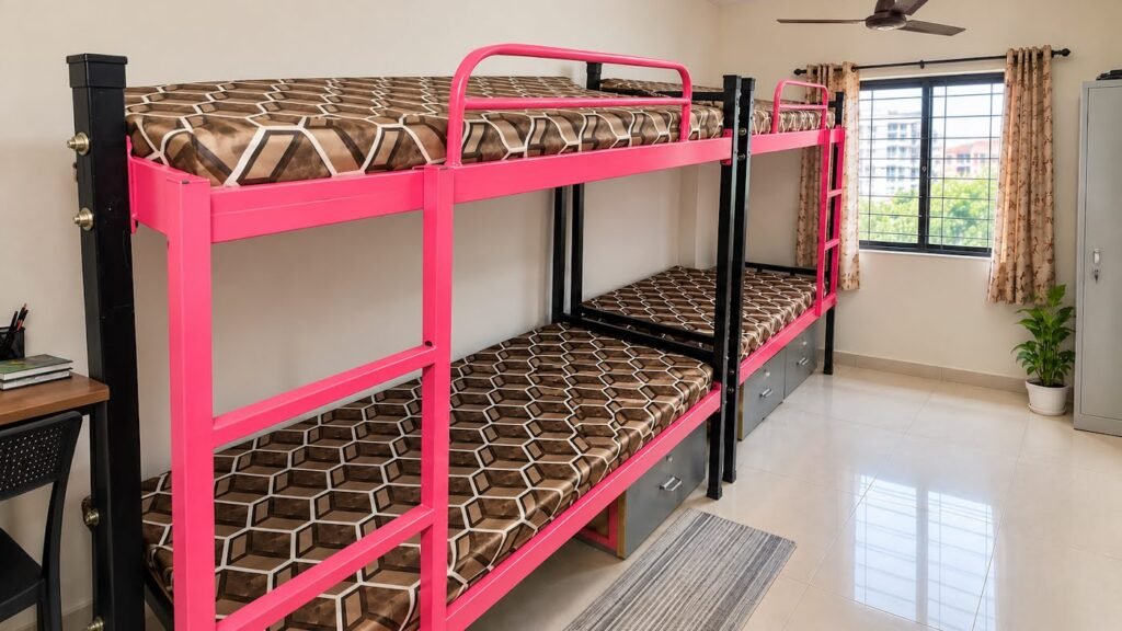 Pink metal bunk beds for PG and hostel by Tuba Furniture, Pune