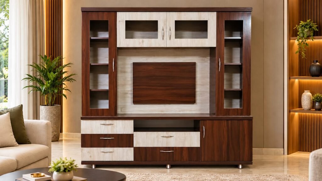 Polished walnut TV unit by Tuba Furniture, Pune