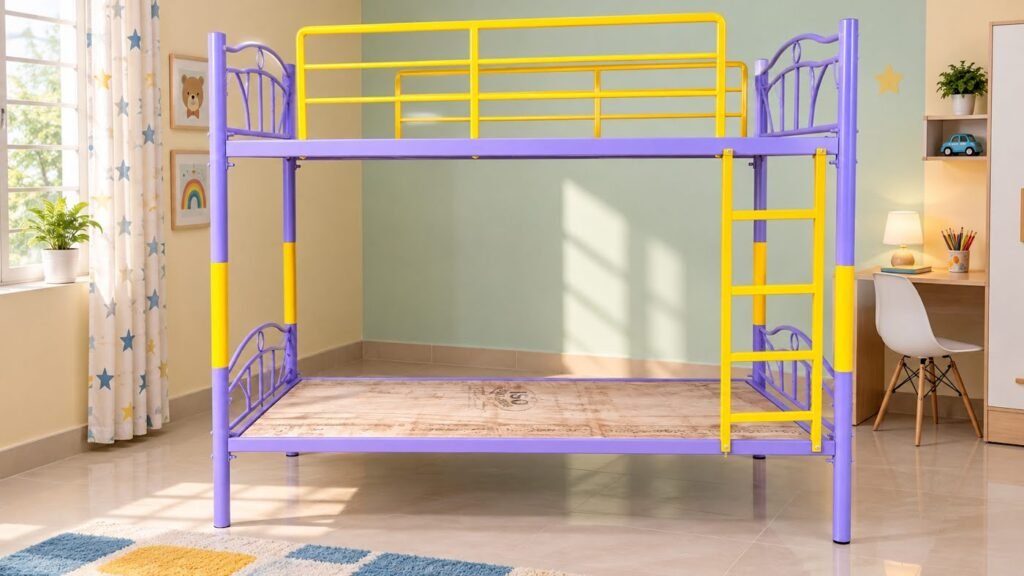 Purple and yellow kids bunk bed by Tuba Furniture, Pune