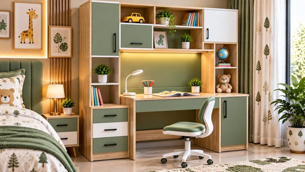 Sage green kids study table by Tuba Furniture, Pune