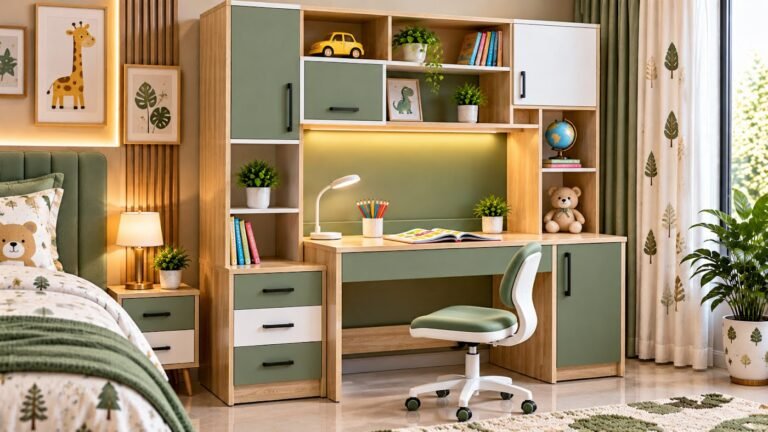 Sage green kids study table by Tuba Furniture, Pune