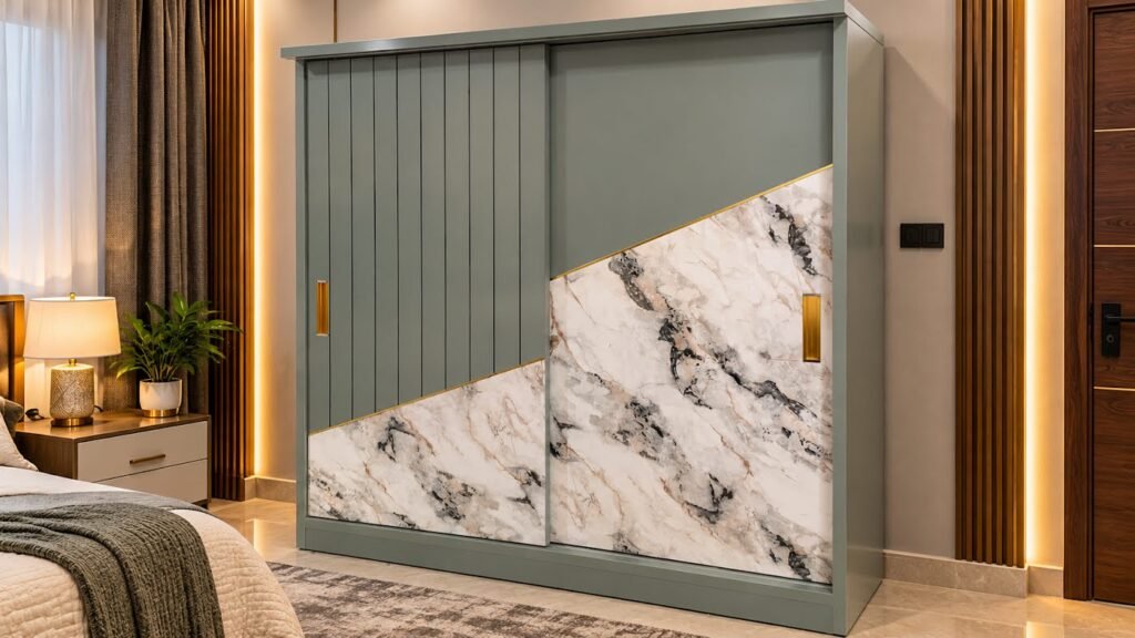 Sage green and marble wardrobe by Tuba Furniture, Pune