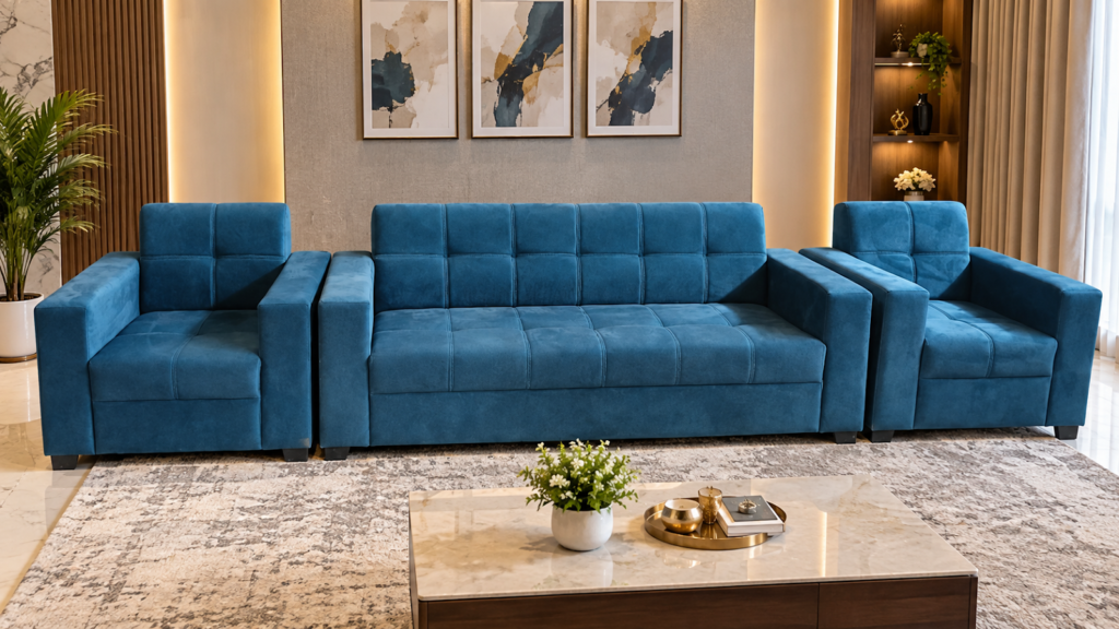 Modern teal sofa made by Tuba Furniture, Pune
