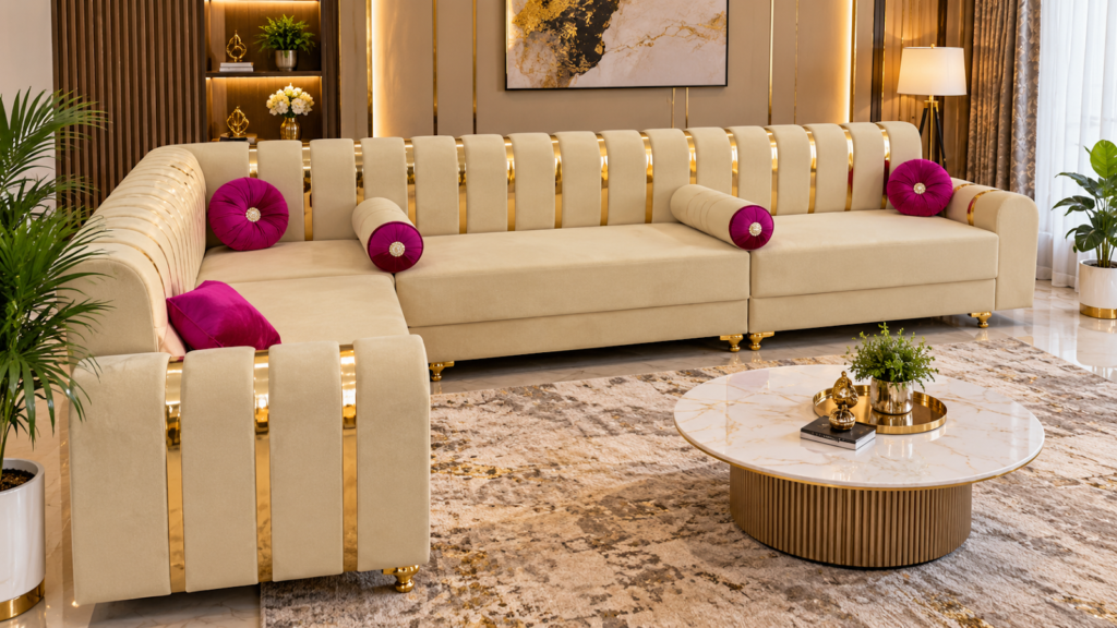 Beige and gold sectional sofa made by Tuba Furniture, Pune