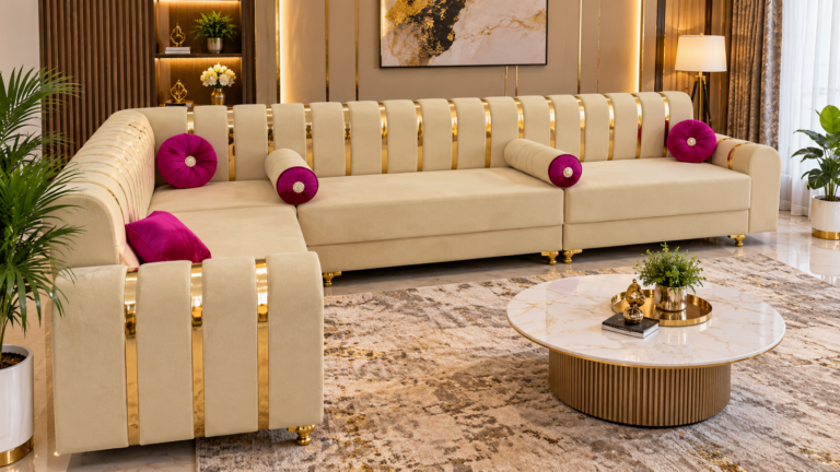 Beige and gold sectional sofa made by Tuba Furniture, Pune