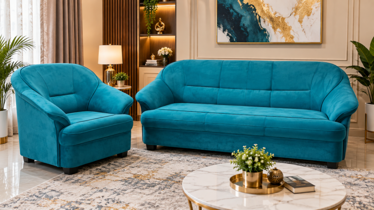 Elegant teal sofa made by Tuba Furniture, Pune