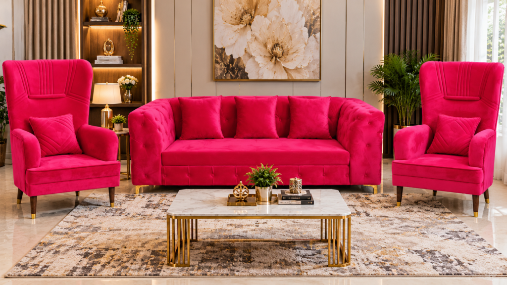 Fuchsia velvet sofa made by Tuba Furniture, Pune