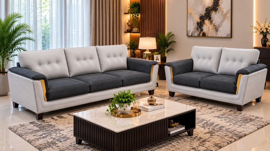 Charcoal and gold sofa made by Tuba Furniture, Pune