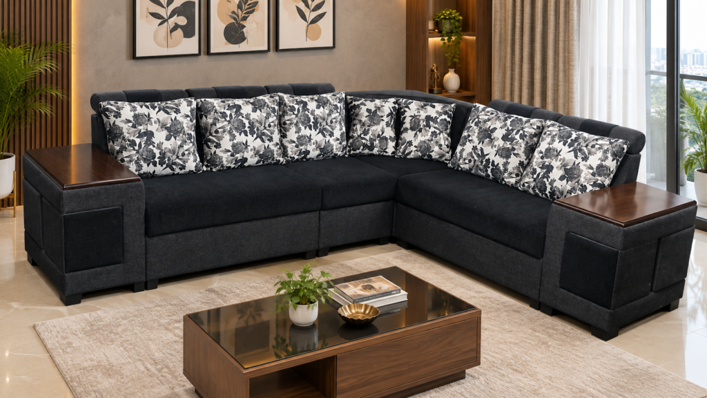Charcoal floral sectional sofa made by Tuba Furniture, Pune