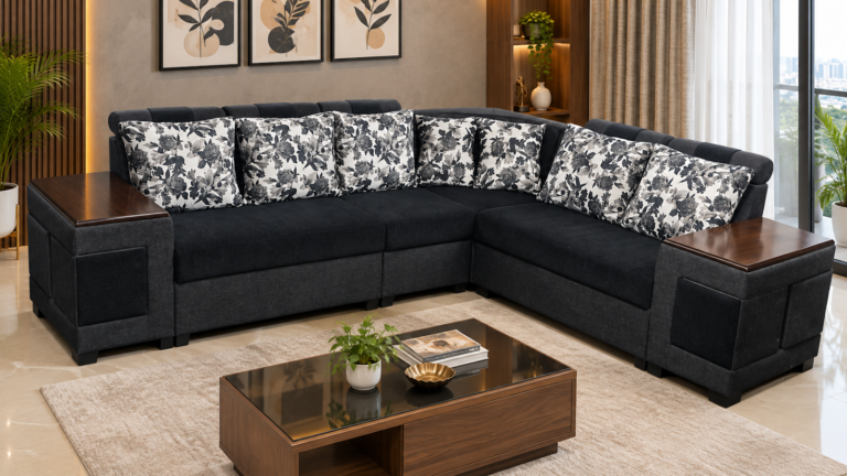 Charcoal floral sectional sofa made by Tuba Furniture, Pune