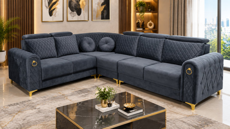Charcoal sectional sofa made by Tuba Furniture, Pune