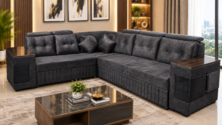 Charcoal sectional sofa made by Tuba Furniture, Pune