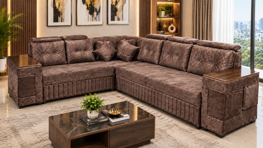 Mauve sectional sofa made by Tuba Furniture, Pune