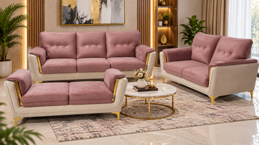 Mauve velvet sofa made by Tuba Furniture, Pune